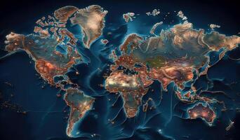 värld Karta kontinenter med ljus vattenfärg . ai genererad foto
