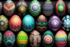 ai genererad färgrik påsk ägg ett i en rad. mönstrad på ägg. foto