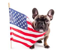 söt hund valp njuter USA oberoende dag ai generativ med solglasögon och baloons foto