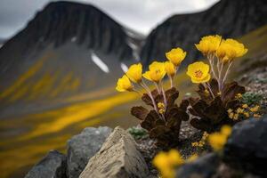 ai genererad gul blommor växa i de berg landskap. foto