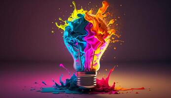 en färgrik lysande 3d aning Glödlampa lampa visualisering av brainstorming, ljus aning och kreativ tänkande, generativ ai foto