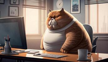 en fett katt är Sammanträde på de kontor tabell i främre av en dator. stillasittande livsstil begrepp, generativ ai foto
