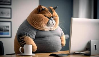 en fett katt är Sammanträde på de kontor tabell i främre av en dator. stillasittande livsstil begrepp, generativ ai foto