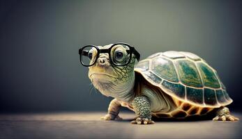söt liten grön sköldpadda med glasögon i främre av studio bakgrund. generativ ai foto
