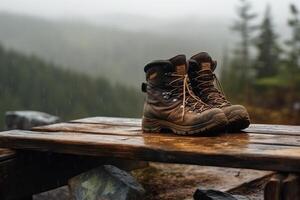 com tabell vandring stövlar stå på en sten mot de bakgrund av en regnig dag i de berg. ai genererad foto