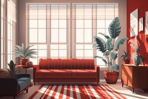 illustration av modern levande rum interiör med röd soffa nära stor inlagd växt och panorama- fönster mot vägg med Ränder. ai genererad foto