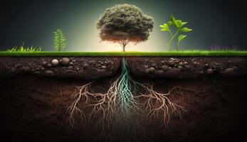 växter växande på de yta och rötter underjordiska, jord sektion begrepp, generativ ai illustration foto
