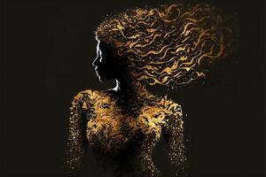 en silhuett av en skön kvinna dragen i guld partiklar på en svart bakgrund. generativ ai illustration. foto