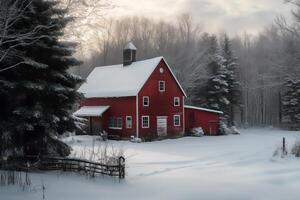 röd vinter- ladugård på jul. ai genererad foto