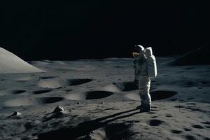 ett astronaut stående på de måne ser på en stor jord tycka om planet. ai genererad foto