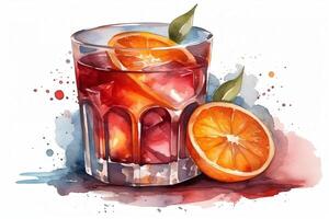 vattenfärg negroni cocktail med orange skiva isolerat på vit bakgrund vattenfärg dryck illustration. ai genererad foto