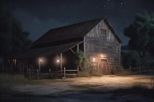 scen av gammal ladugård på natt 3d tolkning. ai genererad foto