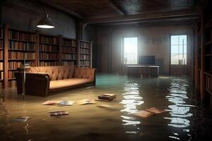 skapa en bibliotek i en översvämmad källare. ai genererad foto