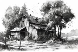 gammal ladugård och träd bläck svart och vit illustration. ai genererad foto