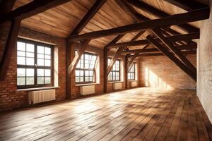 tömma rum loft interiör med stor fönster vit väggar tegelstenar trä- balkar och golv. ai genererad foto