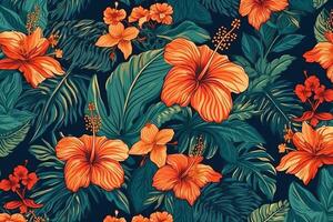 hawaiian stil mönster med hibiskus blommor och frodig vegetation idealisk exotisk bakgrunder. ai genererad foto