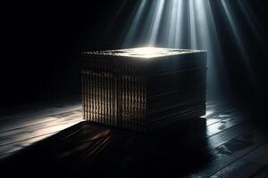 mystisk pandora låda öppning med strålar av ljus hög kontrast bild 3d tolkning illustration . ai genererad foto