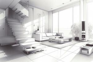 modern levande rum rena hög nyckel interiör design begrepp illustration. ai genererad foto