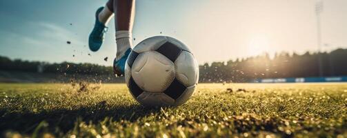 fotboll eller fotboll spelare spelar med de boll i stadion. generativ ai foto