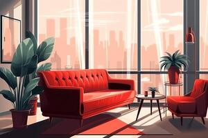 illustration av modern levande rum interiör med röd soffa nära stor inlagd växt och panorama- fönster mot vägg med Ränder. ai genererad foto