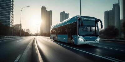 buss körning på de väg med stadsbild rörelse fläck bakgrund. reser och transport. generativ ai foto