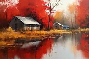 en målning av röd lador förbi de sjö. ai genererad foto