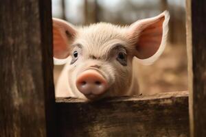 liten Söt bebis gris kikar ut från Bakom staket på gris odla. ai genererad foto