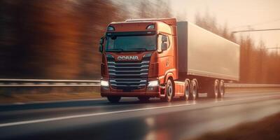 lastbil körning på de väg med skön landskap rörelse fläck bakgrund. generativ ai foto