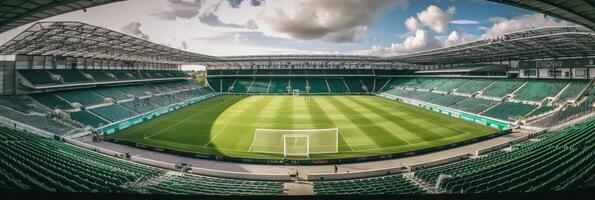 fotboll eller fotboll stadion med grön fält och blå himmel. generativ ai foto