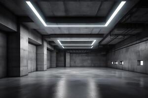 abstrakt tömma modern betong rum med tak lampor och grov golv industriell interiör bakgrund mall 3d illustration. ai genererad foto