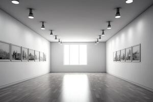 tömma vit rum med spotlights i de tak Galleri eller modern interiör mall 3d illustration. ai genererad foto
