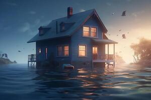 hus under vatten 3d illustration. ai genererad foto