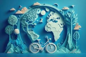 värld cykel dag på blå bakgrund, eco vänlig cykel begrepp. generativ ai foto