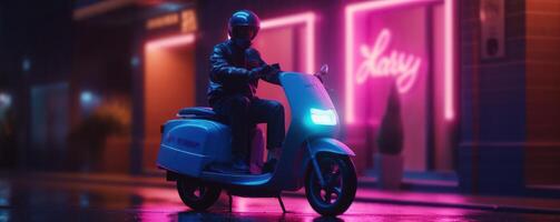 leverans man rida skoter motorcykel på natt med neon lampor, rörelse fläck stadsbild bakgrund. generativ ai foto
