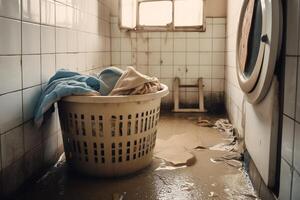 tvättning maskin i ett gammal eländig snuskig förfallen badrum källare eller tvätt rum översvämmad efter en vatten skada läcka eller naturlig översvämning katastrof med korg och Linné. ai genererad foto