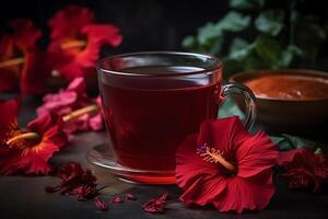 röd hibiskus varm ört- te med blommor på bakgrund. ai genererad foto