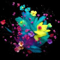flerfärgad blommor och fjädrar bakgrund, abstrakt bakgrund sammansättning av fjäder och blomma motiv, designad med artificiell intelligens, generativ ai foto