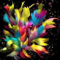 flerfärgad blommor och fjädrar bakgrund, abstrakt bakgrund sammansättning av fjäder och blomma motiv, designad med artificiell intelligens, generativ ai foto