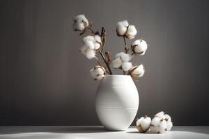 en lugn fortfarande liv av bomull grenar i en vit vas. generativ ai foto