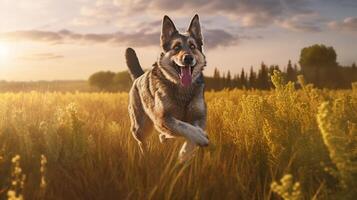 en Lycklig hund hoppa med glädje tvärs över de solbelyst fält. generativ ai foto
