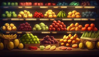 färgrik array av färsk frukt på visa på lokal- grönsakshandlare. generativ ai foto