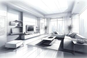 modern levande rum rena hög nyckel interiör design begrepp illustration. ai genererad foto