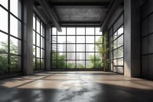 industriell loft stil tömma rum med tom betong vägg 3d framställa där är polerad betong golv och vägg svart stål strukturera där är stor fönster se ut till ser de natur. ai genererad foto
