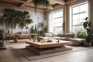 com tabell och tillfällig levande rum interiör design med en stor sektions naturlig trä accenter och inomhus- växter. ai genererad foto