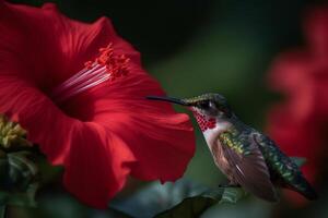 makro fotografi av en kolibri matning på ett hibiskus blomma. ai genererad foto