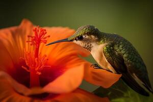 makro fotografi av en kolibri matning på ett hibiskus blomma. ai genererad foto