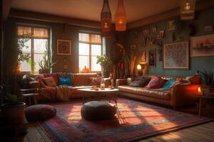 3d tolkning av en bohemisk stil levande rum. ai genererad foto