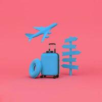 bagage, vägvisare, flyta och flygplan på rosa bakgrund. semester destination begrepp. foto