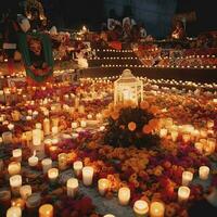 dag av de död- skallar. dia de los muertos. dag av de död- och mexikansk halloween bakgrund. mexikansk tradition festival. dag av de död- socker skalle. dia de los muertos, generera ai foto