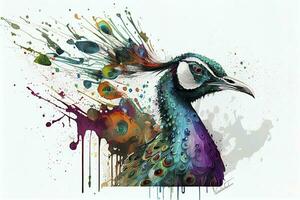 färgrik påfågel, vit bakgrund, droppande konst foto